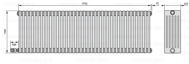 Схема (чертеж) Радиатор Zehnder Charleston 6110/37 №V003 Белый глянцевый RAL 9016